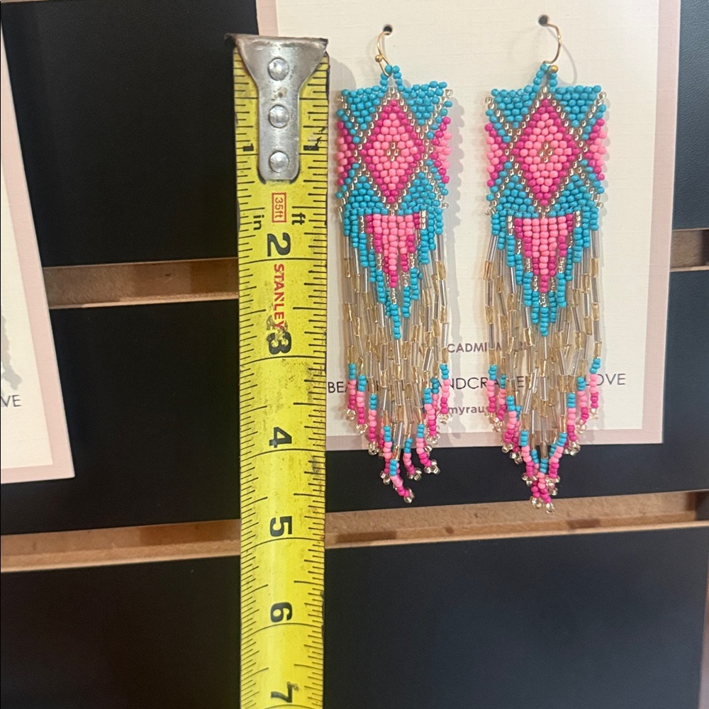 Myra Bag Turquoise and Pink Beaded Fringe Earrings with Gold Accents - Picture 2 of 2